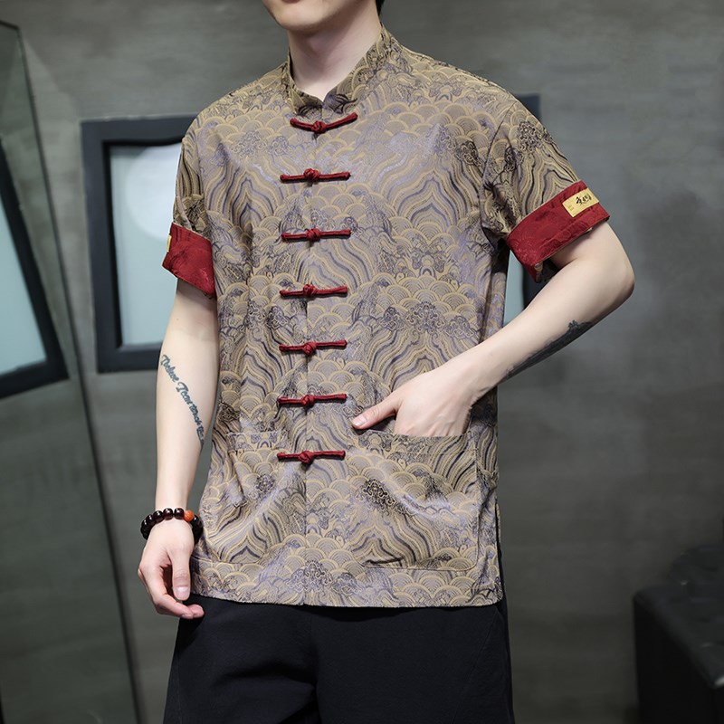 国潮夏季薄款唐装短袖衬衫中式复古透气盘扣唐装男休闲水波纹半袖 - 图3