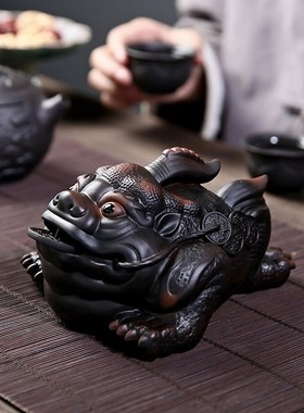 紫陶招财金蟾桌面摆件手工客厅办公室玄关装饰品摆件精品茶宠茶玩