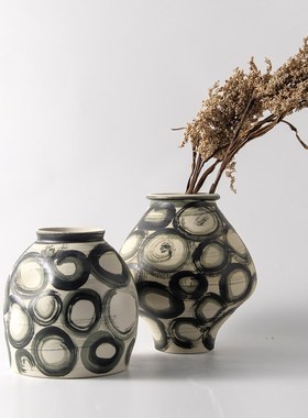 现代复古新中式手绘陶瓷罐子花瓶摆件样板间酒店客厅玄关果盘装饰