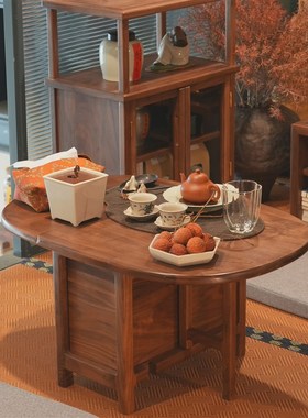 白驹格物新中式黑胡桃木小圆桌可折叠茶桌移动飘窗圆茶桌榻榻米桌