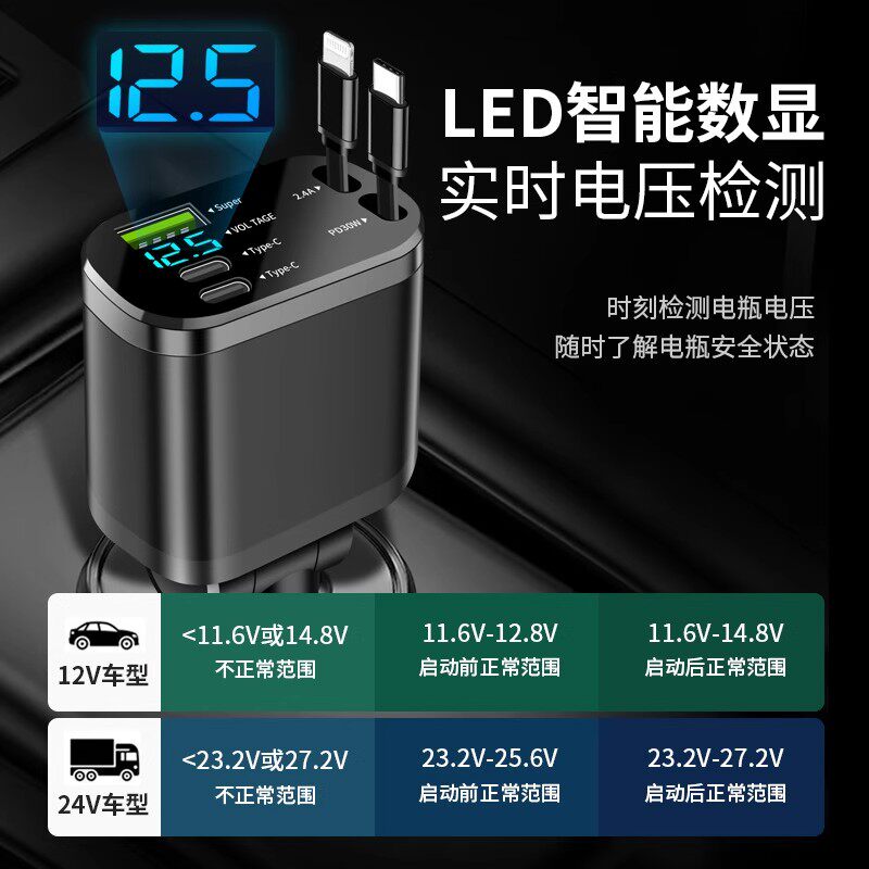 车载充电器伸缩线超级快充2025新款一拖二点烟器120w适用华为苹果,淘宝优惠券,粉丝福利购,淘宝优惠卷