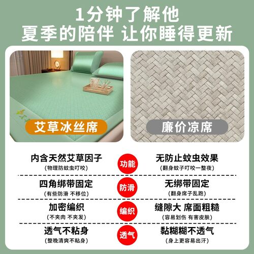 夏季艾草冰丝凉席竹席2026新款夏天草席a类母婴藤席可机洗软席子 - 图2