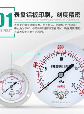 YE-60ZT轴向带边膜盒压力表微压表水柱表千帕10 20KPA不锈钢外壳