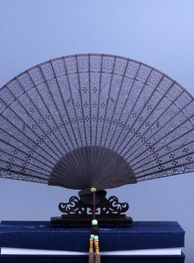 中国风紫檀乌木折扇子黑檀香扇子香木扇出国礼品扇镂空工艺扇