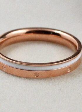 时尚黑白色滴油带印一字纹玫瑰金戒指 时尚个性男女情侣对戒指环