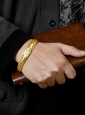高档霸气醒狮三马鞭男士手链精工纯黄铜镀M金嘻哈实心简约古巴链