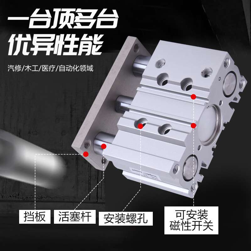 TCM薄型带导杆三轴三杆气缸TCM12/16/20X20S/25/32/40X50S - 图0