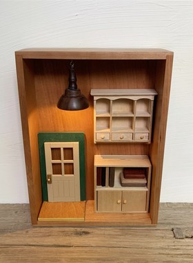 木质木雕猫咪小夜灯微缩场景小屋店内装饰桌面创意礼品实木制摆件