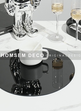 轻奢现代客厅镜面l圆形托盘茶几收纳样板房间会酒柜氛围感软装摆