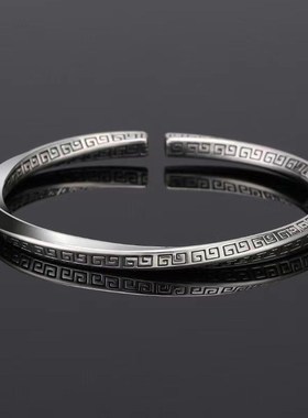 新款高级感手镯镀银回纹莫比乌斯环男士小众复古口开手环情侣镯子