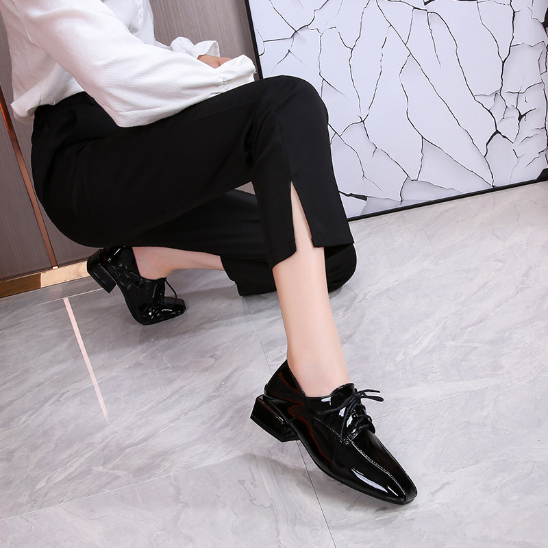 2023年春季新款深口粗跟方头小皮鞋女漆皮中跟英伦风软皮系带单鞋,淘宝优惠券,粉丝福利购,淘宝优惠卷