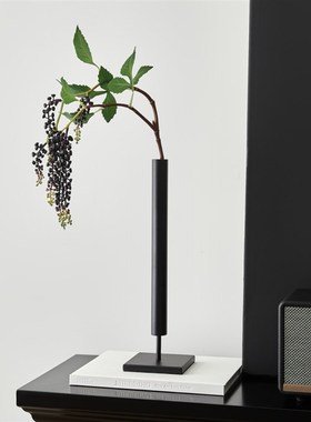 侘寂风黑色高级感玄关t装饰摆件极简花瓶铁艺桌面艺术插花器