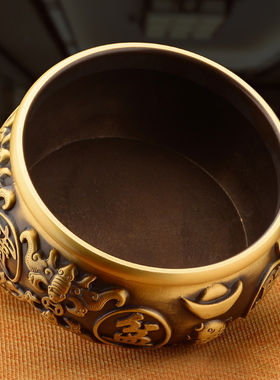 聚宝盆摆件黄铜新中式家居u客厅玄关装饰工艺品纯大号聚财黄铜米