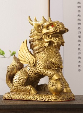 黄铜麒麟摆件公母一对纯铜家居客厅入门玄关办公桌商Z铺公司装饰