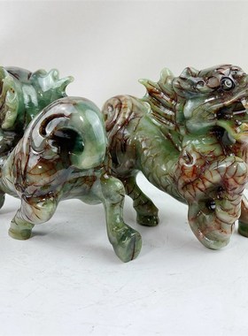 麒麟摆件一对玉石岫玉招财麒麟客厅玄关办公室财富麒麟家居工艺品