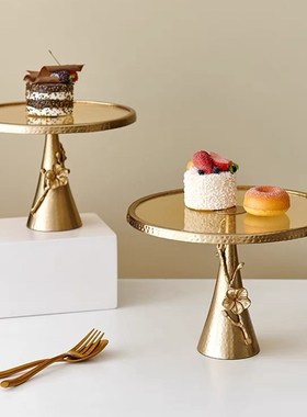 进口欧式轻奢铝制金属金色爬花绕枝高脚玻璃蛋糕点心托盘摆件装饰