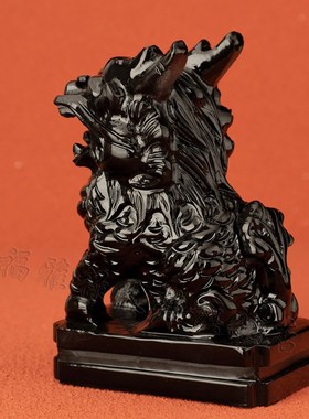 天然黑墨玉色麒麟摆件招财玉石麒麟一对客厅玄关博古架家居装饰