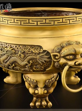 香火铜炉黄铜双龙香炉家用供奉摆件三足焚香上香祠堂寺院供奉寺庙