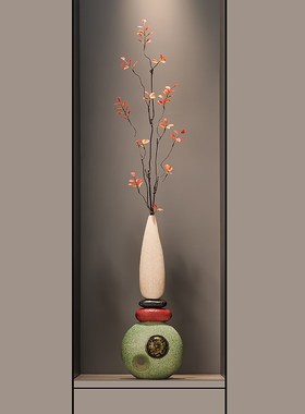 入户玄关迎客松花瓶壁龛大摆件进门屏风新中式客厅竖高长装饰品