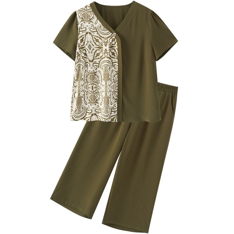 Q胖妈妈夏装时尚两件套洋气V领加肥加大码宽松显瘦胖mm雪纺套装女,淘宝优惠券,粉丝福利购,淘宝优惠卷