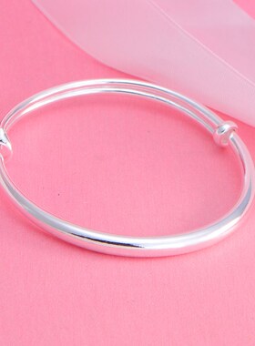 光面银手镯999纯银实心男女款圆条日韩简约情侣镯子 送妈妈礼物