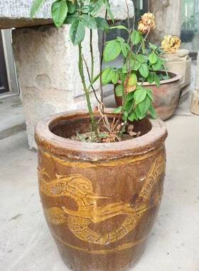 中式花盆复古花瓶插画摆件干花粗陶陶罐水培花器手工客厅简约装饰