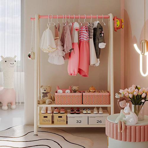 儿童落地式衣帽架卧室床边挂衣架铁艺双层放衣服架子收纳置物衣架 - 图1