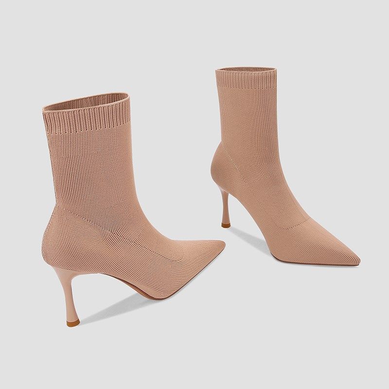 裸色针织短靴女高跟鞋中筒瘦瘦靴尖头细跟套筒单靴女黑色酒杯跟鞋,淘宝优惠券,粉丝福利购,淘宝优惠卷