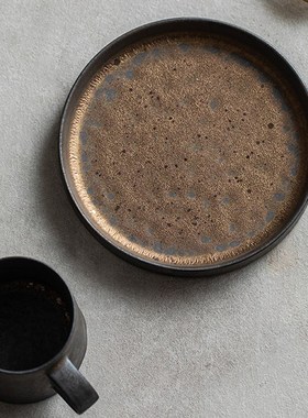 侘民风鎏金圆石趣饰干泡台圆形托盘寂宿茶具茶道装盘摆件点心盘