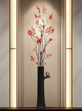 喜上眉梢陶瓷花瓶过道壁龛竖高摆件一对高档客厅玄关插花器装饰品