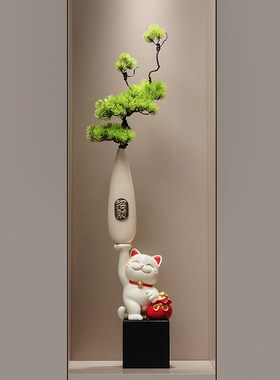 佳感入户玄关招财猫石来运转高级感家居装饰摆件新中式客厅办公室