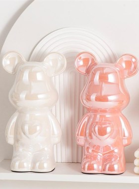 大号潮玩28cm陶瓷电镀甜心熊轻奢玄关酒柜摆件客厅电视柜装饰品