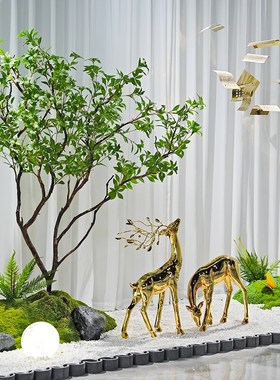 室内简约微缩景观客厅酒店玄关楼梯间走廊空间布景装饰梅花鹿摆件