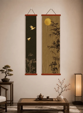 轻奢复古风新中式九条鱼竹月双联挂画客厅玄关茶室书房墙面装饰画