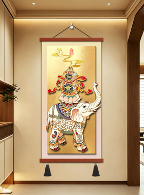 新中式大象玄关装饰画葫芦百福图走廊挂画喜庆红色入户正对门壁画