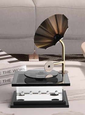 样板间书房e桌面办公室内复古留声机装饰品现代简约电视柜轻奢摆