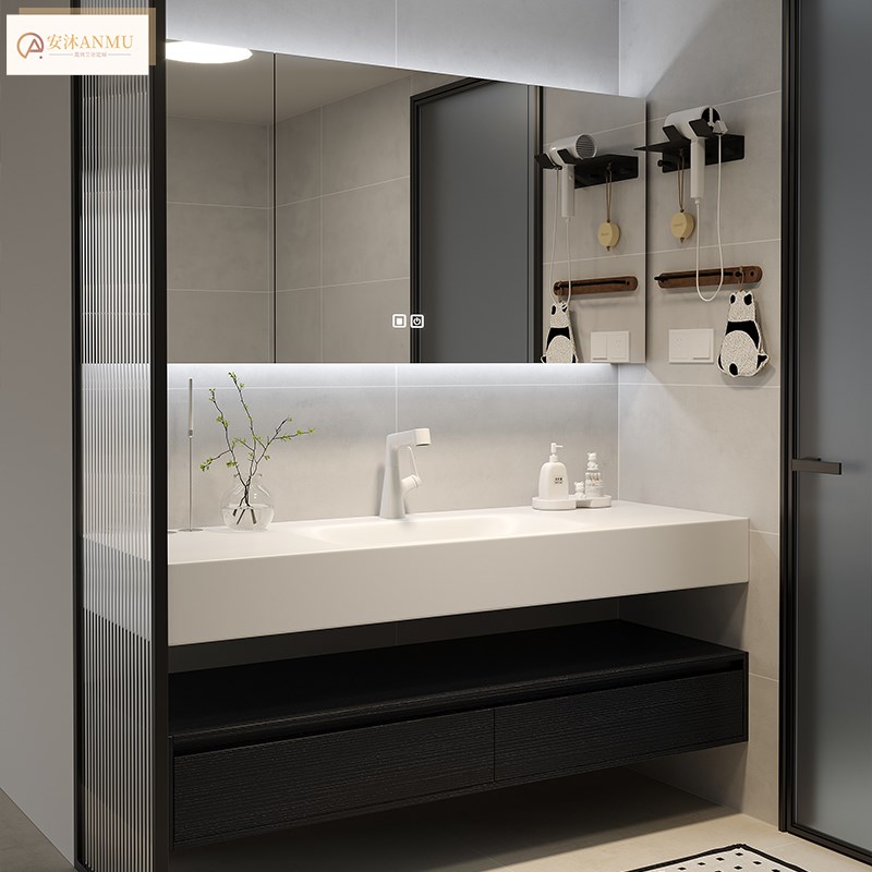 现代酒店轻奢风分体可丽耐一体盆实木浴室柜组合岩板热弯一体卫浴 - 图1