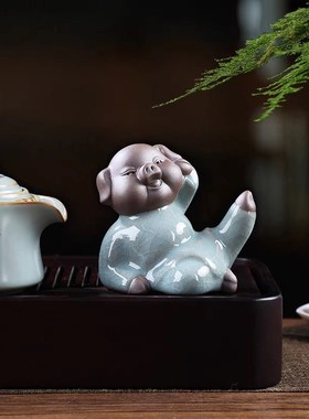 陶瓷小猪功夫猪摆件创意茶道茶具配件茶盘装饰品办公室桌面小摆设