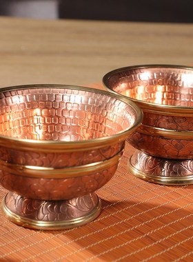 尼泊尔纯铜室内雕花供水杯供水碗红铜水碗供杯居家供佛供奉摆件