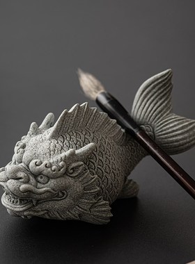 青砂石国潮风鱼缸造景招财鱼化龙客厅玄关茶室桌面茶宠茶玩摆件