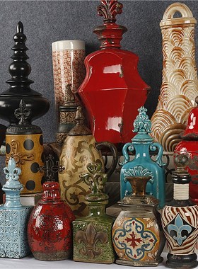 美式复古做旧陶瓷手绘冰裂窑变釉收纳瓶摆件玄关桌面创意装饰摆设