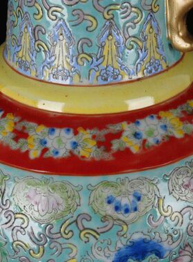 地彩双耳乾隆家居摆件）古董货古玩古典特价仿古瓷瓶旧收藏绿珐琅