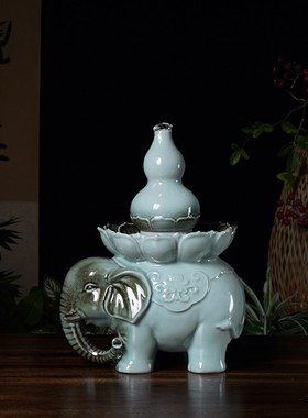 招财镇宅大象背葫芦转运球流水摆件循环水景办公室客厅玄关装饰品