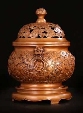 匠泽铜魂 紫铜带底福云纹兽耳香炉家用室内香薰炉檀香盘香炉净化