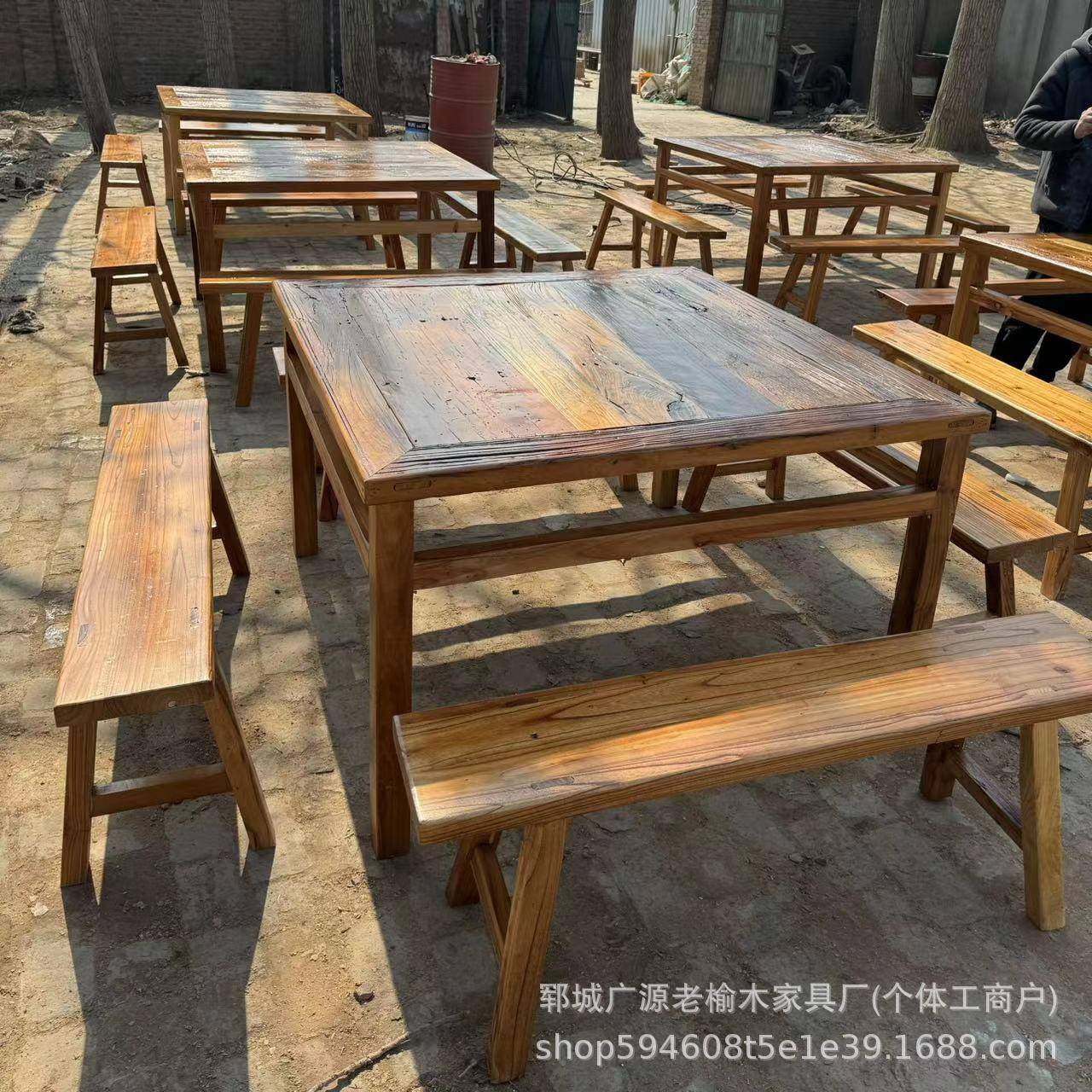 老榆木实木八仙桌茶桌复古四方桌椅民宿家用茶桌劈柴院饭桌方餐桌 - 图0