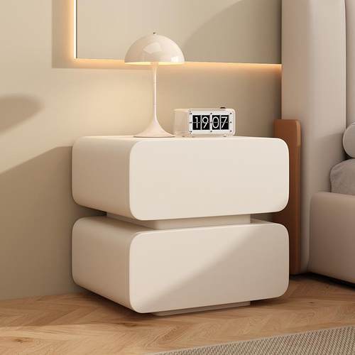 智能床头柜奶油风简约现代实木床头收纳柜卧室轻奢高级感床头柜子 - 图1