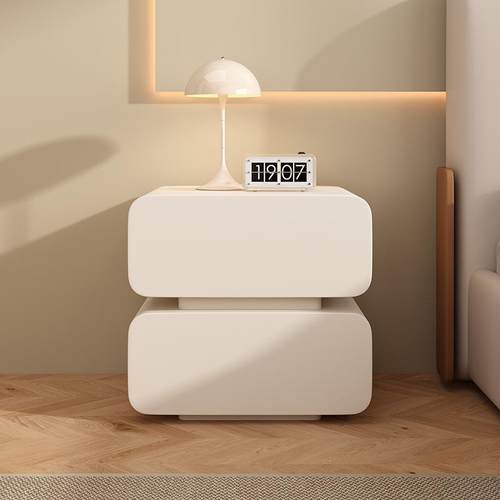 智能床头柜奶油风简约现代实木床头收纳柜卧室轻奢高级感床头柜子 - 图0