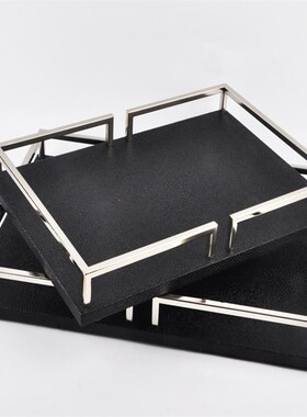 轻奢托盘摆件北欧风客厅电视x柜茶几样板房软装不锈钢皮质家居饰