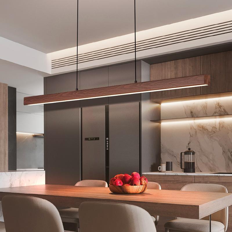 中古风一字餐厅吊灯长条原木风胡桃木色餐桌上方吊灯创意岛台灯 - 图0