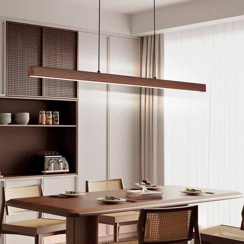 中古风一字餐厅吊灯长条原木风胡桃木色餐桌上方吊灯创意岛台灯 - 图3